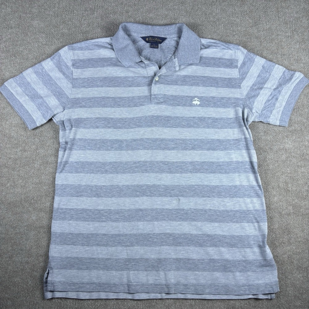 Brooks Brothers Polo Shirt Mens L Gray Striped Cotton Short Sleeve Logo